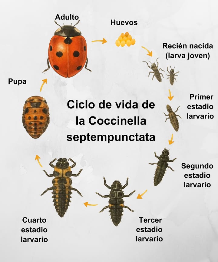 Ciclo de vida de la Coccinella septempunctata Una aliada natural del jardín que pasa por una increíble transformación: Huevos: depositados en grupo sobre las hojas. 者 Larva joven: recién nacida, comienza a alimentarse activamente. Cuatro estadios larvarios: crece y muda varias veces. 李 Pupa: etapa de transformación interna. Adulto: emerge como mariquita, lista para controlar plagas. Cada etapa es vital para su papel en el equilibrio ecológico y el control biológico natural.