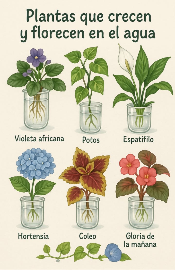 Plantas que crecen y florecen en el agua Elegancia natural sin necesidad de tierra. Solo un frasco con agua y buena luz. Violeta africana: compacta y colorida, perfecta para estantes. Potos: imparable, decorativo y purificador del aire. Espatifilo: flor blanca y presencia serena, ideal para interiores. Hortensia: clásica, romántica y espectacular en flor. Coleo: hojas con explosión de color que alegran cualquier rincón. Begonia: raíces visibles y flores que no se detienen. Gloria de la mañana: enredadera alegre que se adapta rápido. Ambiente fresco, sofisticado y lleno de vida con solo un poco de agua.