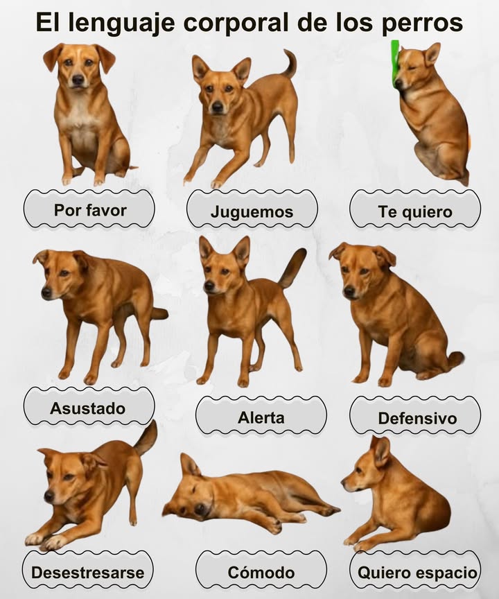 El lenguaje corporal de los perros 

 Por favor  Postura tranquila, mirada suave, orejas relajadas.
 Juguemos  Cuerpo inclinado hacia adelante, cola levantada y movimiento alegre.
 Te quiero  Se acurruca o se apoya suavemente contra ti.
 Asustado  Orejas hacia atrás, cuerpo bajo y mirada evasiva.
 Alerta  Cuerpo firme, orejas erguidas y atención total al entorno.
 Defensivo  Postura tensa, mirada fija y posible gruñido leve.
 Desestresarse  Se estira con calma, suele acompañarlo con un bostezo.
 Cómodo  Acostado de lado o panza arriba, totalmente relajado.
 Quiero espacio  Se aparta, evita contacto visual o se tumba mirando hacia otro lado.

 Observar su lenguaje ayuda a fortalecer el vínculo y respetar sus emociones.