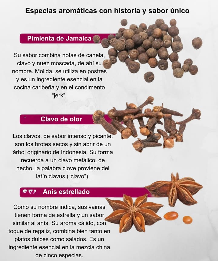 Especias aromáticas con historia y sabor único 

 Pimienta de Jamaica  Combina notas de canela, clavo y nuez moscada. Ideal para postres, cocina caribeña y el famoso condimento jerk.

 Clavo de olor  De sabor intenso y picante, proviene de los brotes secos del árbol de Indonesia. Su aroma recuerda a un clavo metálico y es muy usado en repostería y bebidas calientes.

 Anís estrellado  Con forma de estrella y sabor similar al anís, su toque cálido y regaliz realza platos dulces y salados. Ingrediente clave en la mezcla china de cinco especias.

 Perfectas para aromatizar, equilibrar sabores y llenar tu cocina de fragancias naturales.