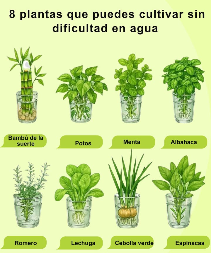 8 plantas que puedes cultivar sin dificultad en agua 

 Bambú de la suerte  Aporta armonía y energía positiva
 Potos  Ideal para interiores y muy decorativo
 Menta  Refrescante y aromática para infusiones
 Albahaca  Perfecta para cocinar y aromatizar el ambiente
 Romero  Resistente y excelente para sazonar
塞 Lechuga  Rebrota desde la base en pocos días
暈 Cebolla verde  Rápido crecimiento desde la raíz
 Espinacas  Nutritivas y fáciles de regenerar

 Solo necesitas un vaso con agua, buena luz natural y cambiar el agua cada pocos días. Una forma sencilla de decorar tu hogar y tener siempre verde fresco al alcance