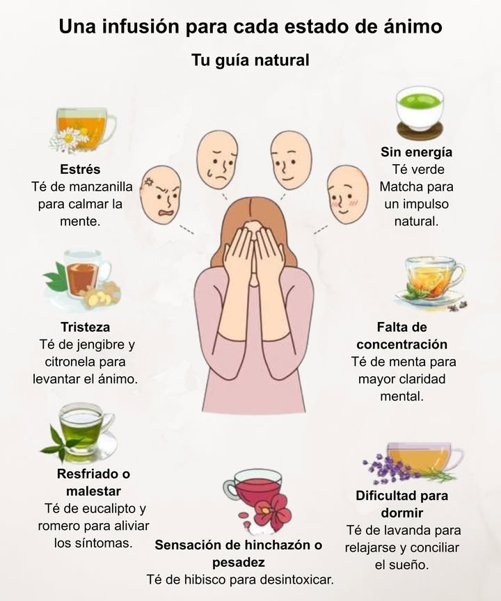 Infusiones para equilibrar tu estado de ánimo

 Estrés: manzanilla para calmar la mente y relajar el cuerpo.
 Tristeza: jengibre y citronela para levantar el ánimo.
 Resfriado o malestar: eucalipto y romero para aliviar síntomas.
 Hinchazón o pesadez: hibisco para depurar y desintoxicar.
 Sin energía: té verde matcha para un impulso natural.
 Falta de concentración: menta para mayor claridad mental.
 Dificultad para dormir: lavanda para relajar y conciliar el sueño.

 Un ritual natural para armonizar cuerpo y mente.