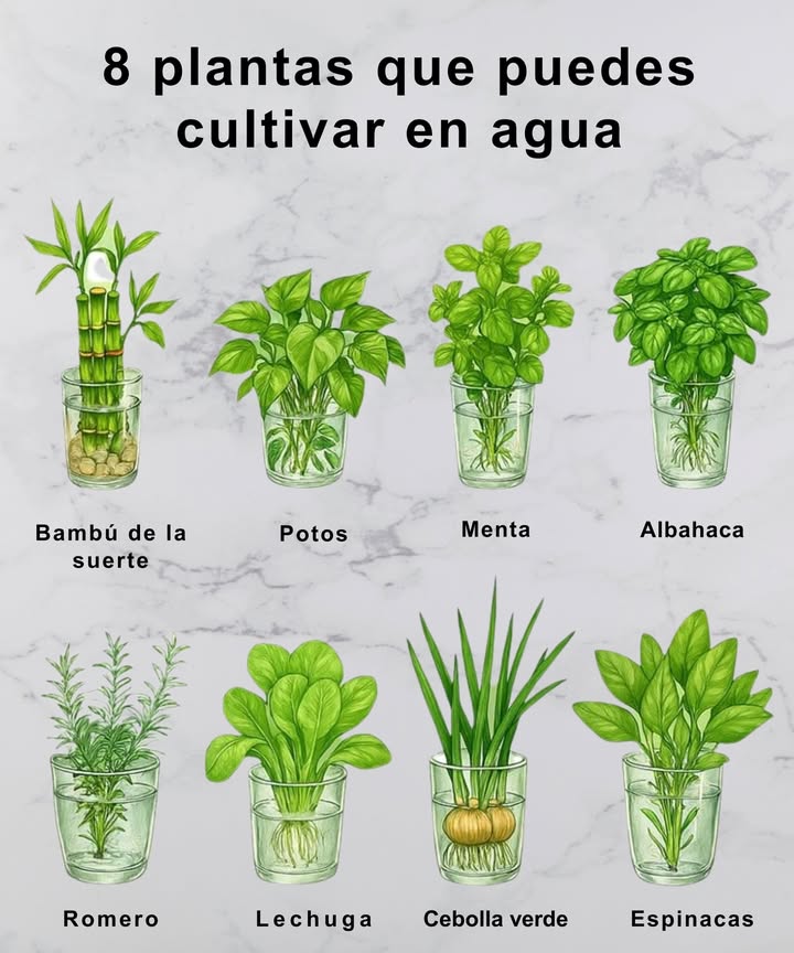 8 plantas que puedes cultivar fácilmente en agua:

 Bambú de la suerte  Aporta armonía y energía positiva
 Potos  Ideal para interiores y muy decorativo
 Menta  Refrescante y aromática para infusiones
 Albahaca  Perfecta para cocinar y aromatizar el ambiente
 Romero  Resistente y excelente para sazonar
塞 Lechuga  Rebrota desde la base en pocos días
暈 Cebolla verde  Rápido crecimiento desde la raíz
 Espinacas  Nutritivas y fáciles de regenerar

 Solo necesitas un vaso con agua, buena luz y cambiar el agua cada pocos días. Decora y cultiva al mismo tiempo!
