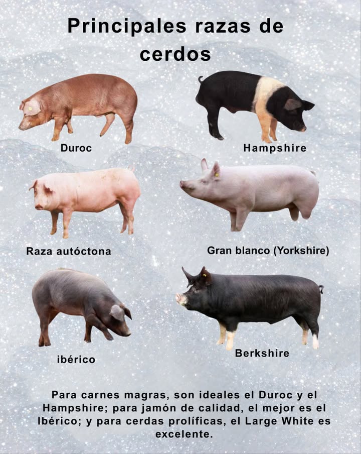 Principales razas de cerdos y sus características Duroc Carne magra de excelente calidad Buen crecimiento y conversión alimenticia Resistente y adaptable a distintos sistemas de producción Hampshire Carne magra baja en grasa Crecimiento rápido y alta eficiencia alimentaria Rústico y resistente a enfermedades Landrace Muy prolífica, ideal para reproducción Gran capacidad lechera para la cría de lechones Carne de alta calidad Gran Blanco Yorkshire Destaca por prolificidad y tamaño de camada Adaptable a diversos sistemas de producción Buena conformación y rápido crecimiento Ibérico Ideal para jamón de alta calidad Alimentado con bellotas en sistema de montanera Carne marmoleada de sabor intenso Berkshire Carne con excelente marmoleado y sabor Buena conversión alimenticia Criado en sistemas especializados para calidad superior