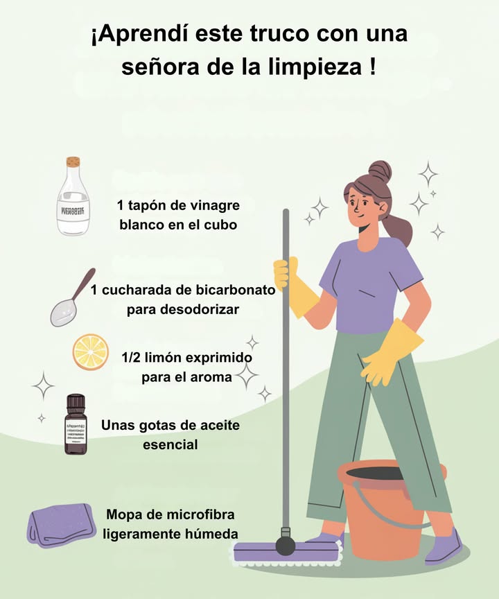 識 Truco casero para limpiar y perfumar el suelo 1 tapón de vinagre blanco en el cubo 1 cucharada de bicarbonato para desodorizar limón exprimido para dar aroma Unas gotas de aceite esencial para un toque fresco Mopa de microfibra ligeramente húmeda El resultado: un suelo limpio, brillante y con un aroma natural irresistible.
