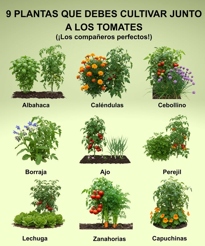 Tomates estos 7 compañeros de otoño = menos plagas y cosechas más largas! Ajo: Plántalo en otoño zonas 39 para ahuyentar ácaros y mejorar la salud del suelo. Cebollino: Crece bien en clima fresco y mantiene alejados a los pulgones. Perejil: Atrae insectos beneficiosos durante todo el otoño. Lechuga: Prosperan en temperaturas frescas, sombrean el suelo y conservan la humedad. Zanahorias: Siémbralas en otoño para aprovechar el espacio de raíces y aflojar el suelo. Capuchinas nasturcios: Siguen atrapando pulgones y moscas blancas en otoños templados. Caléndulas: Florecen hasta las primeras heladas, repelen nematodos y pulgones. La asociación de cultivos otoñales alarga la temporada de los tomates, ahorra espacio y reduce las plagas de forma natural. Ideal para zonas 710, donde los tomates pueden seguir produciendo durante el otoño.