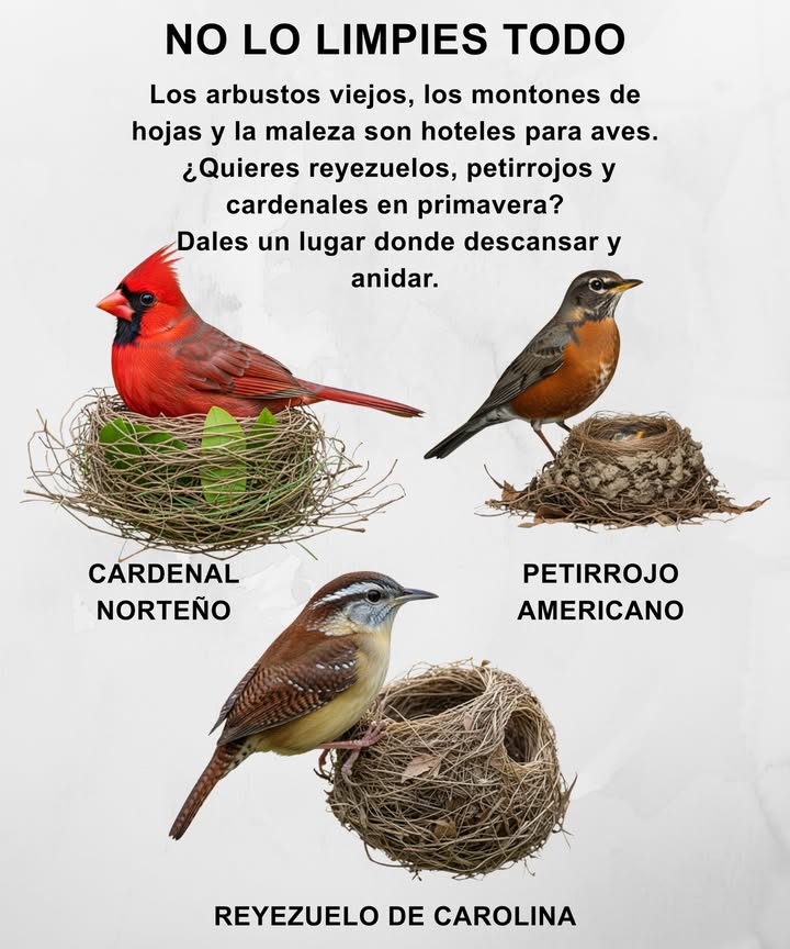 No Limpies Demasiado Tu Jardín Este Otoño Con el clima más fresco, aves nativas como chochines, petirrojos y cardenales buscan lugares seguros para descansar, encontrar comida y refugiarse durante el invierno. Al dejar intactos los arbustos viejos, los montones de ramas y la hojarasca, creas un refugio acogedor para ellas y para los insectos de los que dependen. Cómo ayudar: Evita la limpieza otoñal. Deja que la naturaleza haga el acolchado por ti. Deja las hojas y ramitas donde caen: protegen insectos, y las aves disfrutan de ese buffet invernal. Retrasa la poda de arbustos y el corte de vivaces hasta la primavera. Planta o conserva especies nativas para ofrecer bayas, semillas y cobertura. Pequeños gestos hacen una gran diferencia para las aves de tu jardín. Deja que tu jardín descanse y que la fauna prospere.
