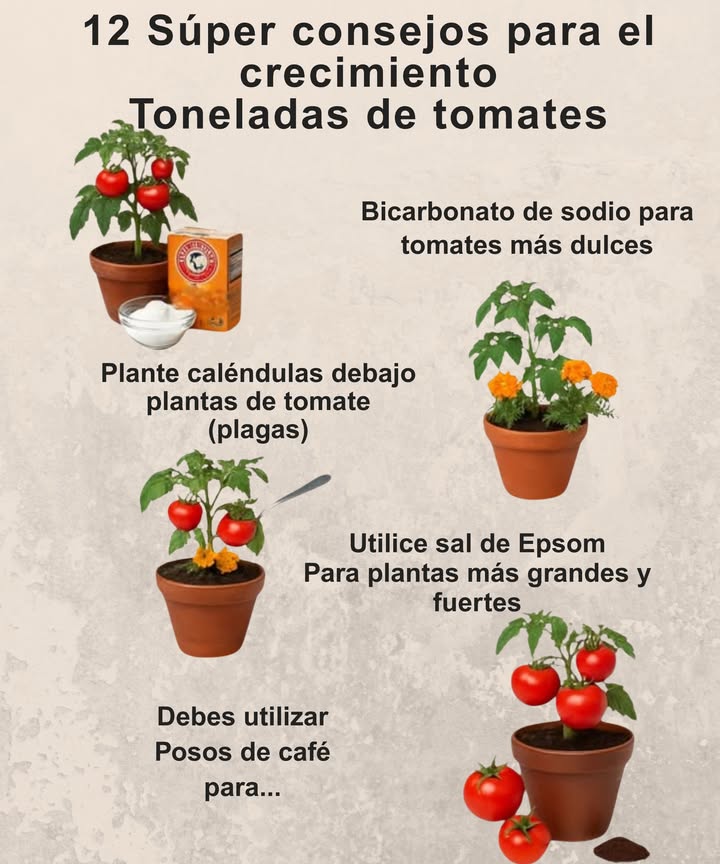 12 Consejos Esenciales para Cultivar una Abundante Cosecha de Tomates 1. Bicarbonato de sodio = Tomates más dulces: Espolvorea en la base para intensificar el sabor. 2. Caléndulas para el Control de Plagas: Plántalas cerca para repeler pulgones y nematodos. 3. Sal de Epsom = Crecimiento robusto: Añade 1 cucharada al suelo o utiliza como rociador foliar para obtener magnesio. 4. Posos de café para plantas vibrantes: Mezcla con la tierra para darle un impulso de nitrógeno. 5. Mantillo para conservar humedad: Ayuda a mantener el suelo húmedo y regula la temperatura. 6. Recorta las hojas inferiores: Mejora la circulación del aire y previene enfermedades. 7. Plantación profunda = Raíces más fuertes: Entierra 2/3 de la planta para mayor estabilidad. 8. Té de compost como alimento natural: Riégalo cada pocas semanas para un crecimiento saludable. 9. Soporte temprano: Usa estacas o jaulas para estabilizar las plantas y evitar la pudrición de la fruta. 10. Riego constante: Un riego profundo y regular significa menos problemas. 11. Escoge la variedad adecuada: Opta por tipos que se adapten a tu clima. 12. Rota los cultivos anualmente: Previene la acumulación de plagas y enfermedades. Cultiva con inteligencia, no con esfuerzo; tu mejor cosecha de tomates está a solo unos consejos de distancia!
