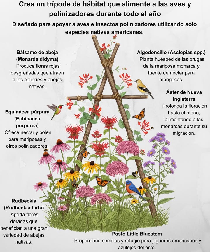 蝹 Crea un Trípode-Hábitat para Aves y Polinizadores Edición Nativa de EE. UU. Convierte un simple trípode en un mini santuario para la vida silvestre en tu jardín. Zonas: 49 adaptable con plantas trepadoras y nectaríferas nativas similares. Madreselva coralina Lonicera sempervirens trepa por el trípode y ofrece néctar a los colibríes de garganta rubí. Bálsamo de abeja Monarda didyma flores de altura media que atraen abejas y mariposas nativas. Equinácea púrpura Echinacea purpurea favorece a los polinizadores y alimenta a las mariposas monarca. Algodoncillo o asclepia Asclepias spp. planta huésped para las orugas de monarca y fuente de néctar. Pasto azul pequeño Schizachyrium scoparium aporta semillas y refugio a jilgueros americanos y azulejos del este. Un trípode como este ofrece alimento, refugio y protección, todo en un solo elemento natural. Perfecto para crear un jardín próspero y amigable con la fauna durante todo el año! 曆