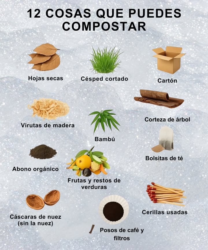 12 cosas que puedes compostar fácilmente en casa Hojas secas Ricas en carbono, perfectas para equilibrar el compost Césped cortado Aporta nitrógeno y acelera la descomposición Cartón Troceado, ideal para absorber humedad 蝹 Virutas de madera Añaden textura y carbono Bambú Biodegradable y excelente material seco Corteza de árbol Aporta estructura al compost Abono orgánico Enriquece la mezcla con microorganismos 復 Frutas y restos de verduras Aportan humedad y nutrientes Bolsitas de té Biodegradables y ricas en nitrógeno 樂 Cáscaras de nuez sin la nuez Se degradan lentamente pero aportan volumen Posos de café y filtros Estimulan a los microorganismos Cerillas usadas Seguras, secas y compostables