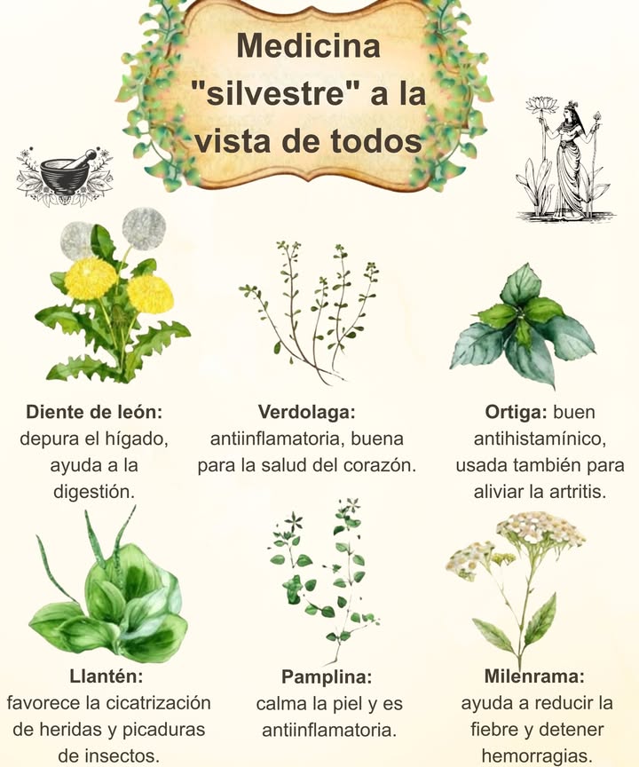 Estas plantas silvestres suelen crecer desapercibidas, pero han sido valoradas durante siglos en la medicina herbal. Aprender a reconocerlas significa sumar poderosos aliados a tu botiquín natural de primeros auxilios y bienestar. 

Diente de león  Desintoxicante natural para el hígado y ayuda a la digestión.

Verdolaga  Antiinflamatoria y favorece la salud del corazón.

Ortiga  Antihistamínico natural, alivia también el dolor por artritis.

Llantén  Excelente para cicatrizar heridas y calmar picaduras de insectos.

Pamplina  Suaviza irritaciones cutáneas y ayuda a reducir la inflamación.

Milenrama  Reduce la fiebre y ayuda a detener hemorragias.