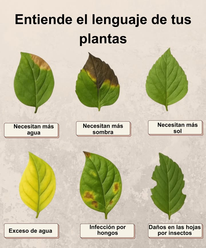 Entiende el lenguaje de tus plantas 

 Necesitan más agua  Bordes secos y marrones
 Necesitan más sombra  Manchas oscuras y quemaduras
 Necesitan más sol  Hojas débiles y pálidas
 Exceso de agua  Hojas amarillas y blandas
 Infección por hongos  Manchas marrones o negras irregulares
 Daños por insectos  Agujeros o mordidas en el follaje

 Las hojas son la voz de tus plantas, obsérvalas y dales el cuidado que piden.