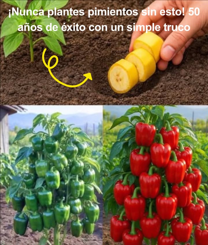 Nunca plantes pimientos sin esto! 50 años de éxito con un simple truco

Un plátano maduro, cortado en rodajas y enterrado bajo tus plantas de pimiento, puede transformar por completo tu cosecha. Este método natural nutre desde la raíz y fortalece cada parte de la planta.

 Fertilizante natural desde tu cocina
 Potasio para más flores y frutos
 Fósforo para raíces fuertes
 Calcio que evita la pudrición apical
 Magnesio para hojas verdes y sanas
 Micronutrientes que refuerzan la planta

 Aplicación paso a paso
 Corta el plátano con cáscara en rodajas
 Haz un hoyo profundo de plantación
 Coloca las rodajas al fondo
 Cubre con unos 5 cm de tierra
 Planta el pimiento encima y riega bien

 Beneficios visibles en poco tiempo
 Crecimiento vigoroso
 Frutos grandes, dulces y sanos
 Plantas resistentes a plagas y hongos
 Follaje verde intenso y brillante
 Cosechas generosas durante más tiempo

 Extra para jardineros expertos
 Congela plátanos para tener siempre a mano
 Mezcla con cáscaras de huevo y restos de café
 Perfecto para macetas, mesas de cultivo o directamente en tierra

 Tradición ecológica que alimenta, protege y aprovecha residuos. El truco más sencillo para un jardín más fértil y productivo.