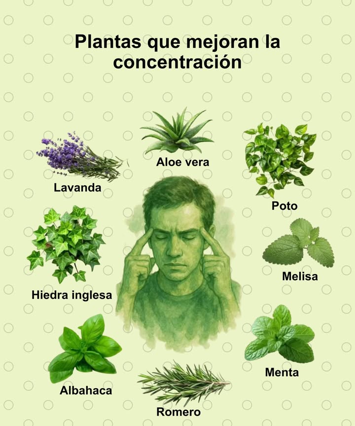易 Plantas que mejoran la concentración 

 Lavanda  Calma la mente y reduce el estrés, favoreciendo la claridad mental.
 Aloe vera  Purifica el aire y mejora el flujo de oxígeno al cerebro.
 Poto  Aumenta la calidad del aire interior y mejora el rendimiento cognitivo.
 Melisa  Disminuye la ansiedad y equilibra las emociones, ayudando a concentrarse.
 Menta  Estimula la mente y mejora la memoria y la atención.
 Hiedra inglesa  Favorece la oxigenación cerebral y reduce la fatiga mental.
 Albahaca  Aumenta la energía y promueve la claridad mental.
 Romero  Potente estimulante natural que mejora la memoria y el enfoque.