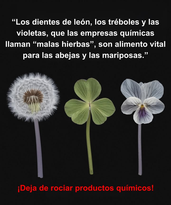 No son malas hierbas, son alimento para la vida silvestre Lo que las empresas químicas llaman malas hierbas son en realidad plantas que salvan vidas: Diente de león primer néctar para las abejas en primavera. Trébol fuente rica de polen, mantiene los jardines llenos de polinizadores. Violetas plantas huésped de las mariposas fritillary. Cada pulverización mata más que plantas: priva de alimento a abejas, mariposas y fauna que depende de ellas. Deja de rociar. Déjalas florecer. Tu jardín puede ser un santuario, no una zona muerta.