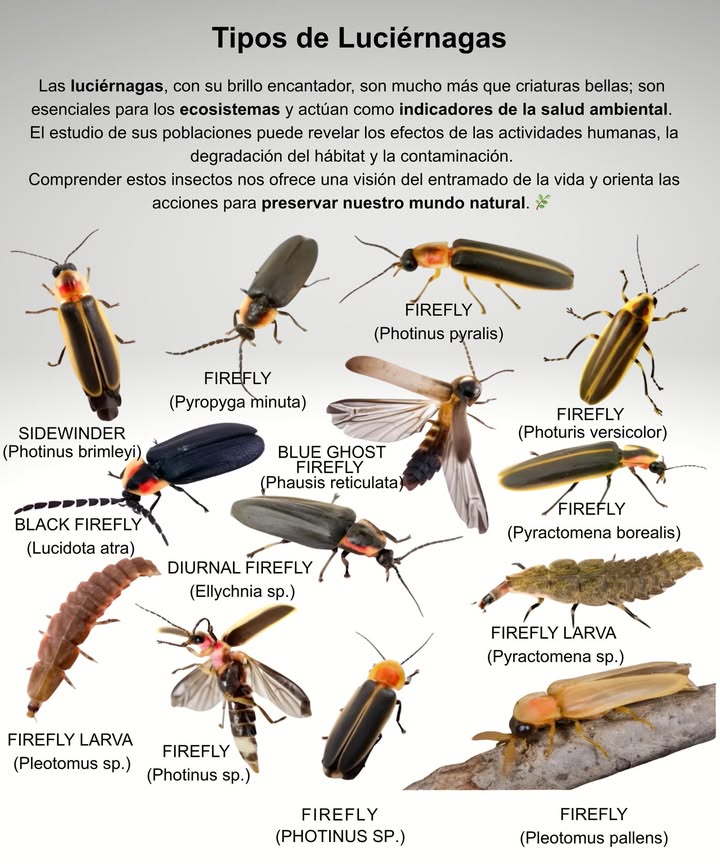 Tipos de luciérnagas Las luciérnagas son mucho más que luces de verano: son polinizadoras esenciales, controladoras de plagas y símbolos de ecosistemas saludables. Sidewinder Photinus brimleyi vuelo inclinado característico Luciérnaga negra Lucidota atra rara y sin brillo luminoso Luciérnaga fantasma azul Phausis reticulata brillo suave y misterioso Luciérnagas diurnas Lychnas sp. activas durante el día Photinus pyralis luciérnaga común de jardines y patios Photuris versicolor famosa por sus imitaciones luminosas Pyractomena borealis primera en brillar al inicio de la temporada Pleototmus pallens última en aparecer al final del verano Larvas varias especies viven bajo tierra 12 años antes de emitir luz Protege a las luciérnagas reduciendo los productos químicos del césped, manteniendo cielos oscuros y dejando zonas silvestres en tu jardín.