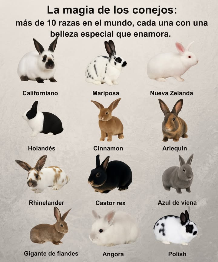 La magia de los conejos: más de10 razas en el mundo, cada una con una belleza especial que enamora. Conejo Holandés Países Bajos 2-4 kg Pelaje corto y suave Blanco, gris, marrón Francés Lop Francia 3-5 kg Pelaje largo y sedoso Blanco, gris, marrón Angora Turquía 2-4 kg Pelaje largo y esponjoso Blanco, gris, marrón Mini Lop Alemania 1-2 kg Pelaje corto y denso Blanco, gris, marrón Californiano EE. UU. 3-5 kg Pelaje corto y brillante Blanco con manchas oscuras Chinchilla Sudamérica 2-4 kg Pelaje largo y gris plateado Gris, blanco Rex EE. UU. 2-4 kg Pelaje aterciopelado Blanco, gris, marrón Tiernos, elegantes y llenos de personalidad. Vive la ternura en su forma más pura.