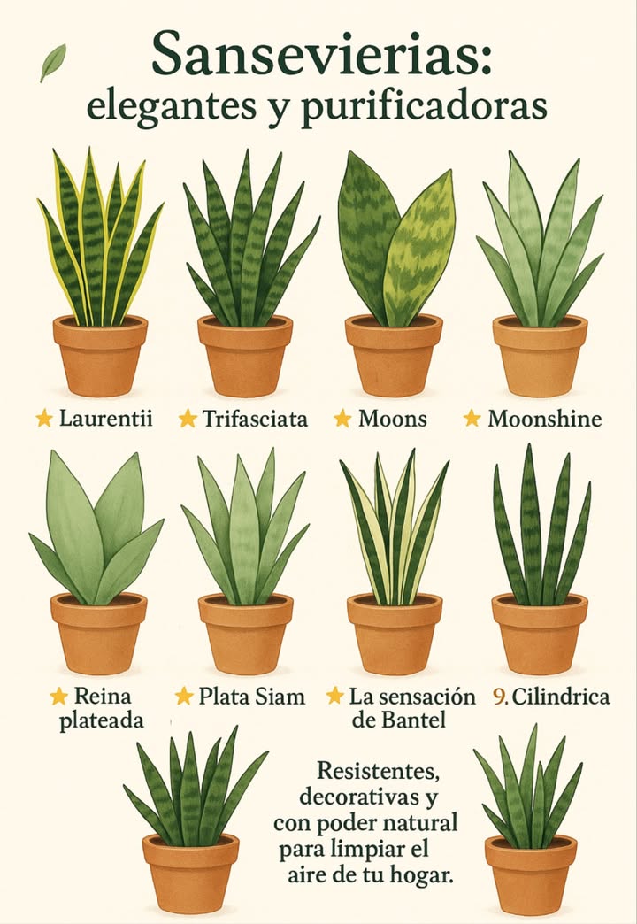 Sansevierias: elegantes y purificadoras 1. Laurentii Clásica y vistosa, con bordes amarillos. 2. Trifasciata Verde oscuro con bandas claras, muy resistente. 3. Mason Hoja ancha y redondeada, textura firme. 4. Masoniana variegata Coloración intensa, ideal para destacar. 5. Moonshine Tonos plateados, muy decorativa. 6. Reina plateada Verde suave con matices grises brillantes. 7. Plata Siam Estética moderna, elegante y estilizada. 8. La sensación de Bantel Listada verticalmente, de forma ovalada. 9. Cilíndrica Forma tubular, perfecta para diseños minimalistas. 華 Resistentes, decorativas y con poder natural para limpiar el aire de tu hogar.