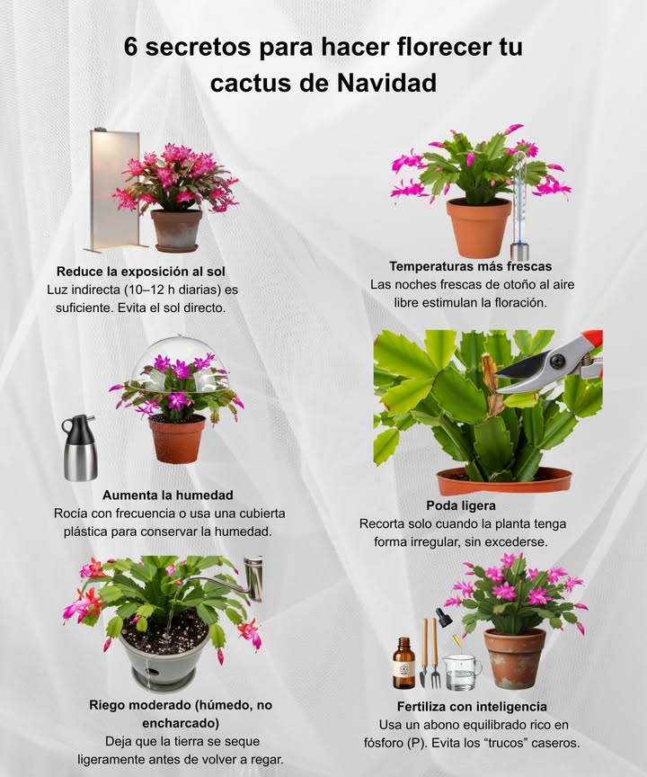 Consigue más flores en tu cactus de Navidad con estos consejos! Luz: Prefiere la luz brillante e indirecta; el sol directo puede quemar las hojas. Temperatura: Las noches frescas 1318 C estimulan la floración. Humedad: Ama la humedad; pulveriza sus hojas o colócalo junto a otras plantas. Riego: Mantén el sustrato ligeramente húmedo, nunca encharcado. Fertilización: Usa un abono equilibrado rico en fósforo cada 24 semanas durante el crecimiento. Fase de descanso: Tras la floración, reduce el riego durante 6 semanas para favorecer nuevos capullos. 華 Consejo: Imita el ciclo natural de luz días luminosos y noches oscuras para estimular la aparición de flores.