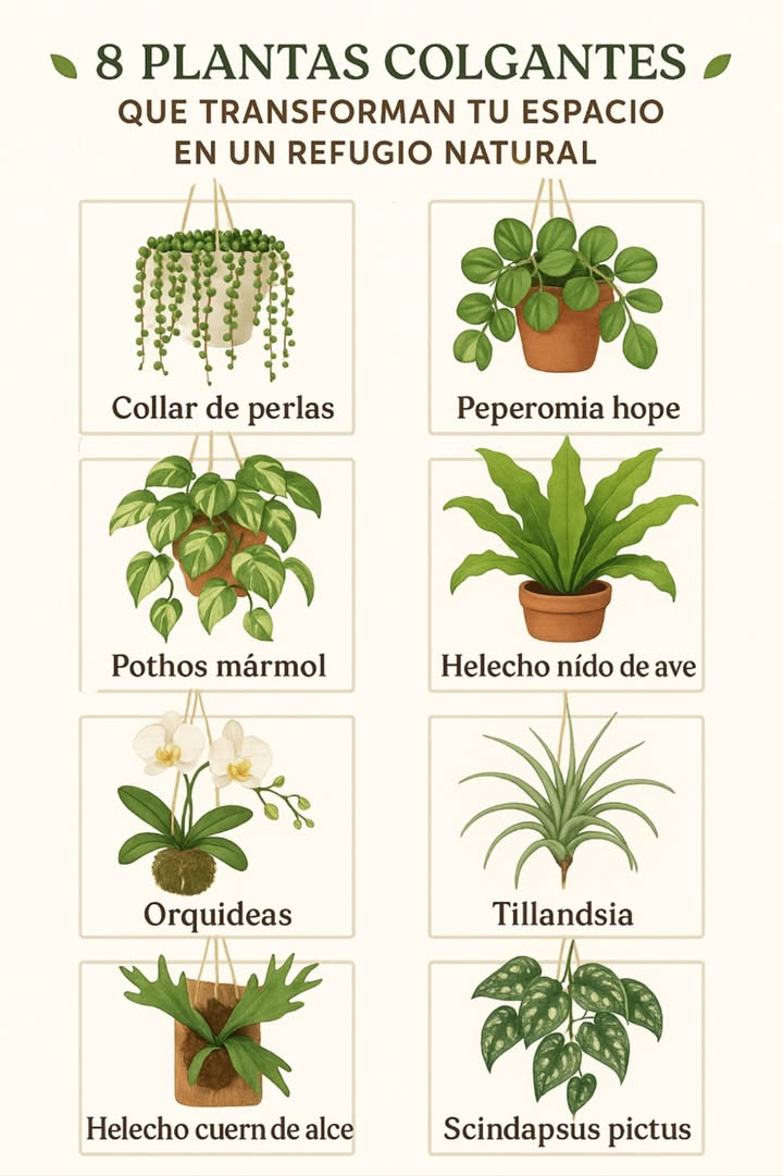 8 Plantas Colgantes que Transforman tu Espacio en un Refugio Natural Ideales para dar altura, color y movimiento a cualquier rincón de tu hogar. Collar de perlas Cadenas verdes que caen con gracia y originalidad. Peperomia hope Follaje compacto con encanto minimalista. Pothos mármol Hojas jaspeadas que llenan de vida y luz. Helecho nido de ave Frondas elegantes con toque selvático. Orquídeas Belleza suspendida con floraciones que hipnotizan. Tillandsia Vive del aire, sin tierra, con un aire mágico. Helecho cuerno de alce Escultural y vibrante, roba el protagonismo. Scindapsus pictus Enredadera suave con destellos plateados. Un oasis suspendido para relajar la vista y el alma
