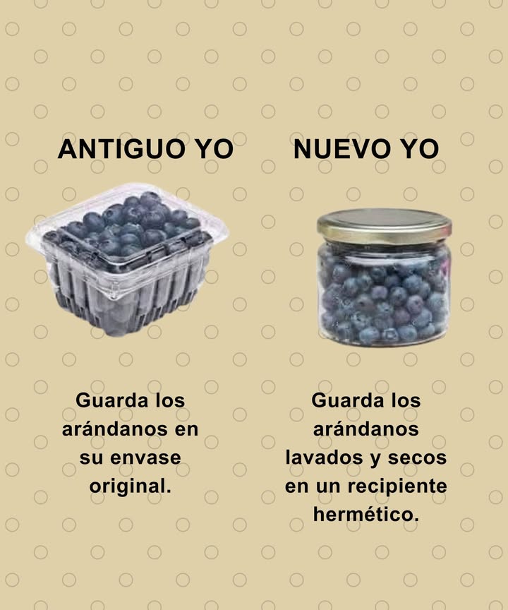 Pequeños cambios que alargan la vida de tus frutas Dejar los arándanos en su envase provoca más humedad y los estropea antes Lavarlos, secarlos bien y guardarlos en un frasco hermético mantiene su frescura por más días Este simple hábito reduce desperdicios y conserva mejor el sabor Cuidar los detalles transforma tu día a día
