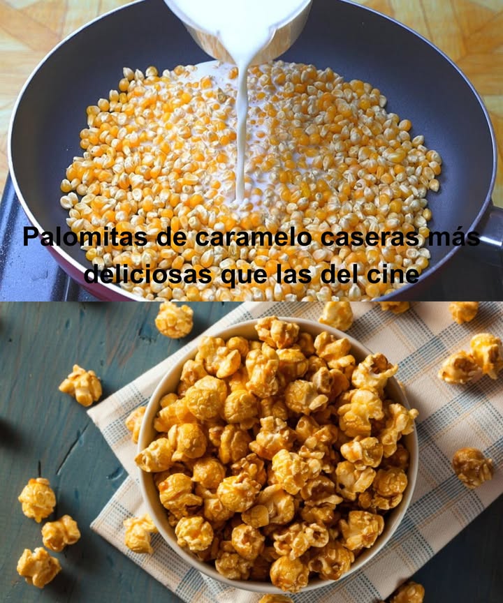 Palomitas de caramelo caseras más deliciosas que las del cine Crujientes, dulces y con un aroma irresistible, listas en pocos pasos y sin horno. Ingredientes para el caramelo: 250 g de azúcar blanco taza de leche añadida en partes 1 cda. de mantequilla o margarina Ingredientes para las palomitas: 1 cda. de mantequilla o margarina 1 taza de granos de maíz para palomitas Preparación del caramelo: Derretir el azúcar en una sartén a fuego medio, removiendo constantemente. Añadir la leche poco a poco con cuidado por el burbujeo. Incorporar la mantequilla y mezclar hasta obtener una textura suave y brillante. Preparación de las palomitas: Derretir la mantequilla en una olla grande a fuego alto. Agregar los granos de maíz, mezclar y tapar. Agitar ocasionalmente hasta que los estallidos disminuyan, retirar del fuego. Montaje: Colocar las palomitas en un recipiente grande con tapa. Verter la mitad del caramelo, agitar, y repetir con el resto. Si el caramelo se endurece, calentarlo brevemente a fuego bajo. Consejos para un resultado perfecto: Usa granos frescos para mayor volumen y textura. Añade una pizca de sal para equilibrar el dulzor. Guarda en recipiente hermético hasta 3 días a temperatura ambiente. Un snack casero, económico y con un sabor tan intenso que hará olvidar las del cine.