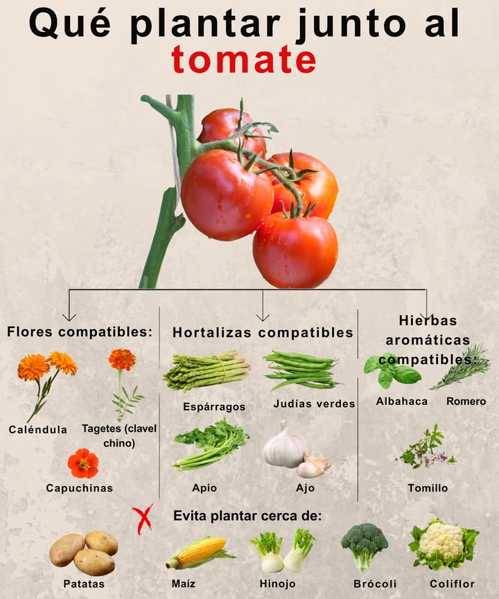 Plantas Compañeras del Tomate Mejores Compañeras favorecen el crecimiento y repelen plagas: Albahaca Mejora el sabor y ahuyenta insectos. Romero Repele insectos dañinos de forma natural. Tomillo Atrae polinizadores y aleja plagas. Caléndula Protege las raíces de nematodos y repele pulgones. Calendula officinalis Atrae insectos beneficiosos. Capuchina Atrae pulgones y repele mosca blanca. Espárragos Ayudan a repeler nematodos del suelo. Frijoles Fijan nitrógeno y enriquecen el suelo. Apio Repele plagas y crece bien junto al tomate. Ajo Repele ácaros y hongos. Evitar Plantar Cerca de: Papas Mayor riesgo de tizón y enfermedades comunes. Maíz Atrae plagas del tomate. Hinojo Inhibe el crecimiento del tomate. Brócoli y Coliflor Compiten intensamente por nutrientes.