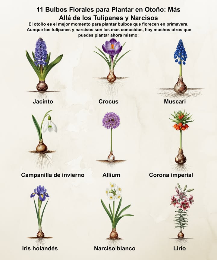 El otoño es el momento perfecto para plantar bulbos y disfrutar de un jardín lleno de color en primavera. Aunque los tulipanes y narcisos son clásicos, aquí tienes más opciones espectaculares: Jacinto Hyacinthus Clásico y muy fragante. Planta en octubrenoviembre, a 10 cm de profundidad. Zonas 49. Crocus Pequeñas flores que resisten la nieve. Planta en grupos, a 8 cm de profundidad. Zonas 38. Muscari Alfombras azules primaverales, se naturaliza con facilidad. Planta a 8 cm de profundidad en grupos. Zonas 39. Campanilla de invierno Galanthus Florece a fines del invierno. Ama la sombra húmeda. Planta a 57 cm de profundidad, juntas. Zonas 38. Allium Globos altos que se secan con elegancia. Planta a una profundidad de 23 la altura del bulbo, a 1520 cm de distancia. Zonas 310. Corona imperial Fritillaria imperialis Campanas naranjas y audaces, resistente a ciervos. Planta a 1520 cm de profundidad, separadas 2030 cm. Zonas 49. Iris holandés Elegante, ideal para flor cortada. Planta a 810 cm de profundidad. Zonas 59. Narciso de papel Paperwhite Perfecto para interior, no necesita frío previo. Zonas 811. Lirio Lilium Flores altas y fiables cada año. Planta a 1520 cm de profundidad, separadas 2030 cm. Zonas 39. Anémona Aporta color temprano. Planta los tubérculos en otoño, en semisombra. Zonas 710. Ranúnculo Ranunculus Flores duraderas y con aspecto de rosa. Zonas 811. Plantar en otoño = un jardín primaveral lleno de fragancia y color.