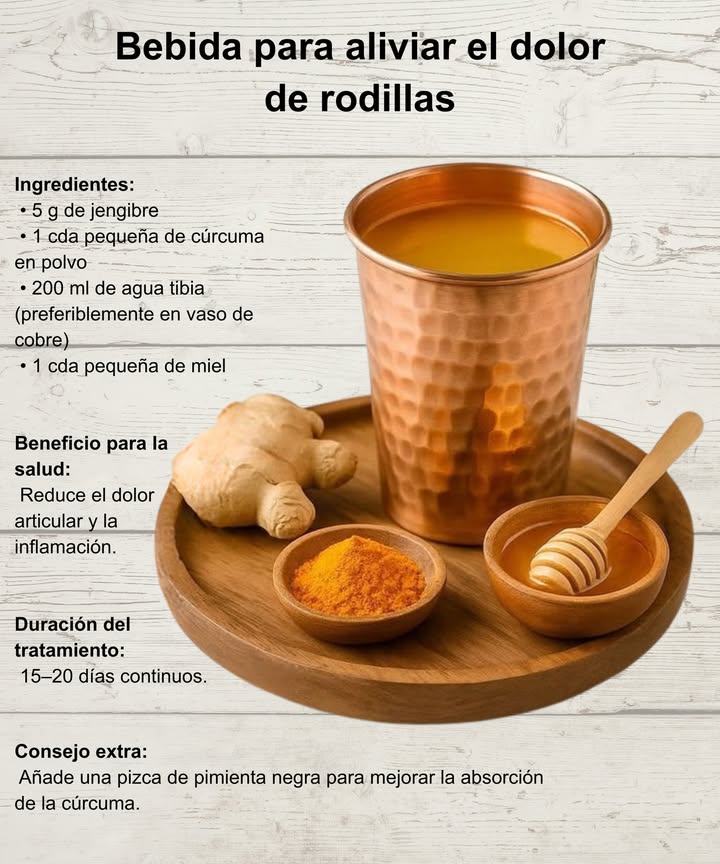 𥳐 Bebida natural para aliviar el dolor de rodillas Ingredientes naturales: 5 g de jengibre fresco 1 cda pequeña de cúrcuma en polvo 200 ml de agua tibia mejor en vaso de cobre 1 cda pequeña de miel Beneficio principal: Reduce la inflamación y el dolor articular de forma natural. Duración recomendada: 15 20 días continuos. Consejo extra: Agrega una pizca de pimienta negra para potenciar la absorción de la cúrcuma.