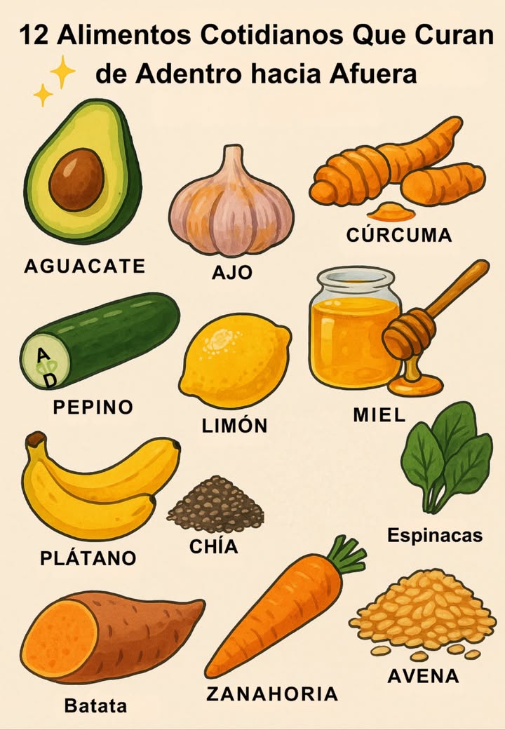 12 Alimentos Cotidianos Que Curan de Adentro hacia Afuera 
Simple. Delicioso. La medicina de la naturaleza en tu plato 

陋 Aguacate  Protege tu corazón  y calma la inflamación.
龍 Ajo  Escudo natural contra resfriados e infecciones.
 Cúrcuma  Raíz dorada para articulaciones fuertes y menos dolor.
 Miel  Alivio dulce para la tos y el dolor de garganta.
勒 Pepino  Héroe de la hidratación para una piel radiante.
 Limón  Desintoxicación suave y ayuda a la digestión.
 Espinacas  Ricas en hierro  para energía y vitalidad.
 Batata  Fibra  vitaminas = intestino feliz.
 Plátano  Calma el estómago y levanta el ánimo .
 Chía  Semillas diminutas, corazón poderoso  y apoyo digestivo.
凌 Zanahoria  Defiende ojos y piel con antioxidantes.
 Avena  Reduce el colesterol y mantiene la saciedad por más tiempo.

 Consejo rápido: Incluye algunos de estos alimentos en tu dieta diaria y tu cuerpo responderá con más energía, defensas fuertes y una salud radiante.