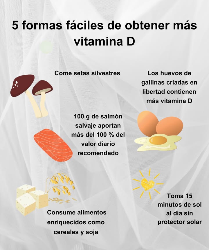 5 formas naturales de aumentar tu vitamina D 

 Incluye setas silvestres en tu dieta
 100 g de salmón salvaje cubren el 100 % del valor diario recomendado
讀 Los huevos de gallinas criadas en libertad son más ricos en vitamina D
北 Añade cereales y productos de soja enriquecidos
 Toma al menos 15 minutos de sol al día sin protector solar

Cuida tu salud ósea, inmunidad y energía con estos simples hábitos diarios.