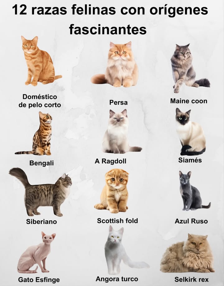 Desde los templos del antiguo Egipto hasta los hogares modernos, los gatos han sido símbolo de elegancia, misticismo y conexión con el ser humano. Con más de 70 razas reconocidas, cada una cuenta una historia única marcada por culturas, climas y civilizaciones.

 15 razas felinas con orígenes fascinantes

Doméstico de Pelo Corto  Europa y Asia
Hijo del gato salvaje africano y europeo.

Persa  Irán
Glamour y nobleza desde el siglo XVI.

Maine Coon  EE. UU.
Gigante gentil surgido en Maine, siglo XIX.

Bengalí  EE. UU.
Belleza salvaje con alma doméstica.

Ragdoll  EE. UU.
Dulzura californiana de los años 60.

Siamés  Tailandia
Elegancia milenaria de las cortes reales.

Siberiano  Rusia
Fortaleza y ternura del corazón siberiano.

Scottish Fold  Escocia
Orejitas dobladas, historia escocesa.

Azul Ruso  Rusia
Misterio y distinción desde el siglo XIX.

Esfinge  Canadá
Sin pelo, pero con gran personalidad.

Angora Turco  Turquía
Belleza ancestral de Anatolia.

Selkirk Rex  EE. UU.
Rizos únicos desde Montana.

Pelo Largo Europeo  Europa y Asia
Elegancia heredada del gato salvaje.

Pelo Corto Europeo  Europa y Asia
Nobleza en su forma más simple.

Oriental  Asia
Estilo exótico del siglo XIX.

 Cada raza es un viaje por la historia y la cultura del mundo.
Belleza, carácter y linaje felino en su máxima expresión.