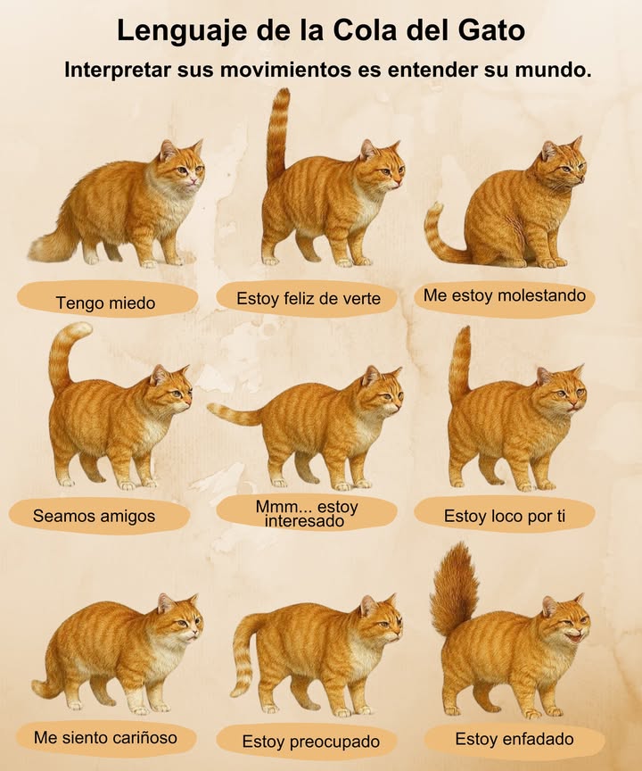 Lenguaje de la Cola del Gato Interpretar sus movimientos es entender su mundo. Cada posición de la cola revela emociones y estados de ánimo: desde la felicidad hasta el miedo o el enfado. Posiciones principales: Erguida y recta: alegría y confianza. Curvada suavemente: curiosidad o interés. Baja y rígida: preocupación o alerta. Pelo erizado: enfado o miedo. Enroscada al cuerpo: busca seguridad o afecto. Conocer su lenguaje fortalece el vínculo y mejora la convivencia. Un gato feliz habla con la cola.