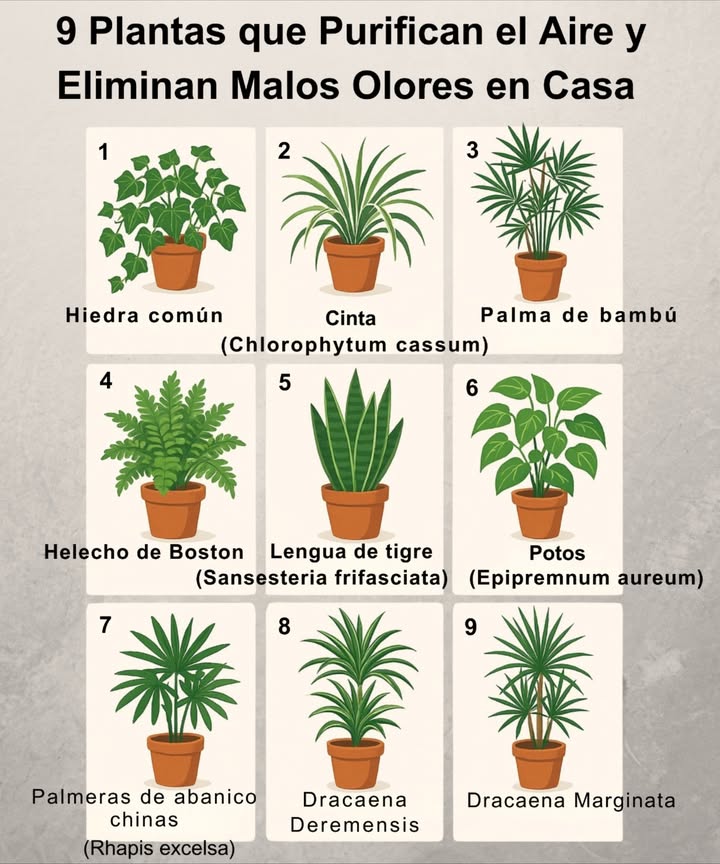 9 Plantas que Purifican el Aire y Eliminan Malos Olores en Casa Hiedra común Neutraliza toxinas del tabaco. Ideal para fumadores. Riego cada 2 semanas. Cinta Chlorophytum comosum Filtra monóxido de carbono. Rápido crecimiento. Riego quincenal. Palma de bambú Elimina benceno y tricloroetileno. Perfecta para zonas con sombra. Helecho de Boston Humidificador natural. Atrapa formaldehído. Necesita riego frecuente. Lengua de tigre Resistente y eficaz contra varios contaminantes. Bajo mantenimiento. Potos Epipremnum aureum Purifica formaldehído y CO. Ideal en macetas colgantes o jardines verticales. Palmera china Rhapis excelsa Lucha contra amoníaco y xileno. Muy resistente, sin cuidados especiales. Dracaena deremensis Filtra tricloroetileno. Perfecta para interiores con poca luz. Dracaena marginata Absorbe xileno. Excelente en ambientes con humo o pinturas. Decora y respira mejor con estas plantas que transforman tu hogar en un espacio más limpio y saludable. 華