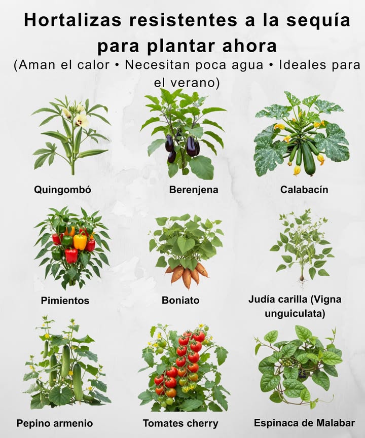 Cultiva con inteligencia en el calor: 9 hortalizas que prosperan en veranos secos Ahorra agua y disfruta de cosechas abundantes con estos campeones resistentes a la sequía 凌 Quimbombó okra Ama el calor y suelos pobres Berenjena Raíces profundas, necesita poca agua Calabacín Crece rápido y sin complicaciones Pimientos Prosperan una vez establecidos Batata Enredaderas resistentes y hojas comestibles Frijoles de carilla Mejoran el suelo con nitrógeno Pepino armenio Crujiente y tolerante al calor Tomates cherry Frutos pequeños = menos estrés Espinaca de Malabar Trepadora de hojas verdes ideal para olas de calor Consejo: Acolcha bien y riega a fondo 12 veces por semana para plantas más sanas.