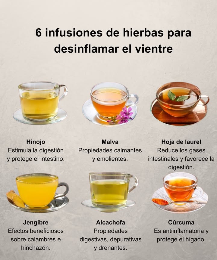 6 infusiones de hierbas para desinflamar el vientre Hinojo Estimula la digestión y protege el intestino Malva Propiedades calmantes y emolientes Hoja de laurel Reduce gases y favorece la digestión Jengibre Alivia calambres y la hinchazón Alcachofa Digestiva, depurativa y drenante 李 Cúrcuma Antiinflamatoria y protectora del hígado Una rutina natural para un vientre ligero y saludable.
