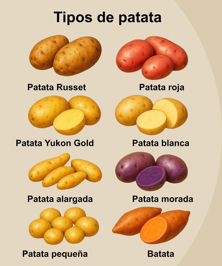 凜 Tipos de patata 凜 Patata Russet ideal para hornear y hacer puré Patata roja perfecta para guisos y ensaladas Patata Yukon Gold cremosa, excelente para puré Patata blanca versátil en frituras y cocidos Patata alargada muy usada en asados y gratinados Patata morada rica en antioxidantes, color vibrante Patata pequeña tiernas, perfectas para asar enteras Batata dulce y nutritiva, gran fuente de fibra y betacarotenos