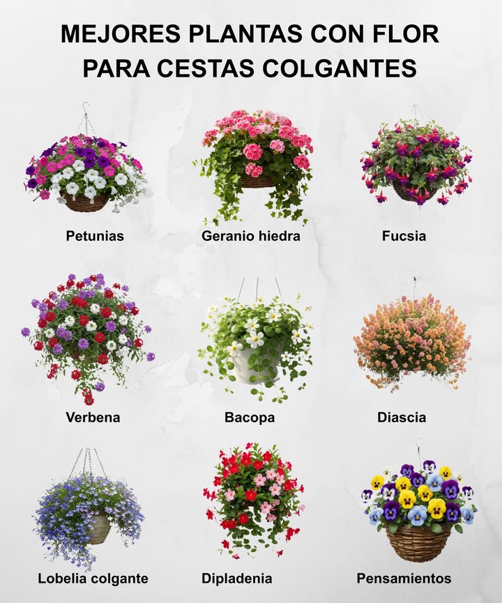 Da vida a tus balcones, patios y porches con estas flores de larga floración ideales para colgar, cubrir y llenar de color toda la temporada. Petunias Colores intensos y porte colgante Zonas 211 Geranio hiedra Encanto clásico, amante del sol Zonas 1012 Fucsia Flores colgantes para sombra Zonas 911 Verbena Fragante y resistente a la sequía Zonas 311 Bacopa Waterhyssop Pequeñas flores blancas y follaje denso Zonas 811 Reina de la Noche Flor exótica que se abre al anochecer Zonas 1011 Diascia Tonos pastel y aire vintage Zonas 812 Lobelia colgante Destellos azul cielo para los bordes Zonas 211 Mandevilla Flores tropicales en forma de trompeta Zonas 1011 Pensamientos Caritas alegres para estaciones frescas Zonas 58 Begonia boliviana Perfecta para cestas a la sombra Zonas 911 Arce florido Abutilon Mezcla de follaje y color Zonas 810 Crossandra Planta del Agua Caliente Brillo tropical anaranjado Zonas 1011 Calibrachoa Infinidad de flores tipo petunia en miniatura Zonas 211 Impatiens Amante de la sombra y de colores vivos Zonas 211 Cuélgalas en alto, riégalas con regularidad y disfruta del espectáculo floral desde la primavera hasta las primeras heladas.