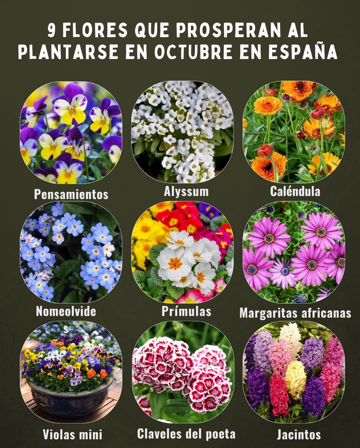 9 Flores que prosperan al plantarse en OCTUBRE en España Pensamientos Viola x wittrockiana: Resisten el frío y florecen todo el invierno. Alyssum Alyssum maritimum: Tapizante, aromática y muy resistente. Caléndula Calendula officinalis: Colores intensos y propiedades medicinales. Nomeolvides Myosotis: Ideales para macizos y borduras. Prímulas Primula vulgaris: Floración temprana y colores vibrantes. Margaritas africanas Osteospermum: Perfectas para macetas y parterres. Violas mini Viola cornuta: Compactas, con floración prolongada. Claveles del poeta Dianthus barbatus: Aromáticos y duraderos. Jacintos Hyacinthus orientalis: Bulbos que perfuman y anuncian la primavera. Consejo rápido: Planta en suelos bien drenados, riega moderadamente y aprovecha el frescor otoñal para un buen enraizamiento.