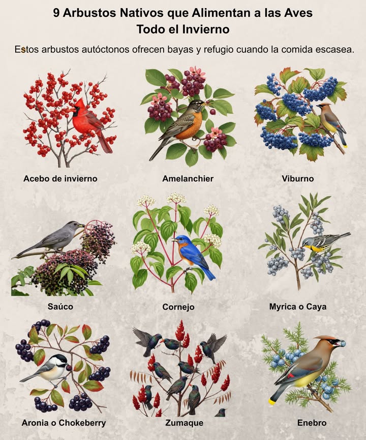 Estos arbustos nativos ofrecen bayas y refugio durante los meses más fríos, manteniendo a las aves alimentadas cuando escasea la comida. Acebo de invierno Ilex verticillata Zonas 39 Sus brillantes bayas rojas destacan sobre la nieve. Planta en primavera u otoño. Amelanchier o guillomo Amelanchier spp. Zonas 49 Sus frutos alimentan petirrojos, cardenales y zorzales. Planta en primavera u otoño. Viburno V. dentatum y otros Zonas 29 Racimos de bayas para decenas de especies de aves. Planta en primavera u otoño. Saúco Sambucus canadensis Zonas 39 Sus frutos de finales de verano son devorados rápidamente por las aves. Planta en primavera u otoño. Cornejo Cornus sericea, C. florida Zonas 38 Bayas y tallos coloridos que alegran el invierno. Planta en primavera u otoño. Mirto de cera Myrica pensylvanica Zonas 37 Sus bayas cerosas alimentan a las reinitas migratorias. Planta en primavera. Aronia o chokeberry Aronia spp. Zonas 38 Bayas ácidas que permanecen durante el invierno profundo. Planta en primavera u otoño. Zumaque Rhus typhina Zonas 39 Racimos rojos que destacan incluso bajo la nieve. Planta en primavera. Enebro Juniperus virginiana Zonas 29 Bayas azuladas muy apreciadas por los zorzales reales y picogruesos. Planta en primavera u otoño. Planta especies nativas en primavera u otoño apoya a las aves , a los polinizadores y fomenta un ecosistema saludable en tu jardín .