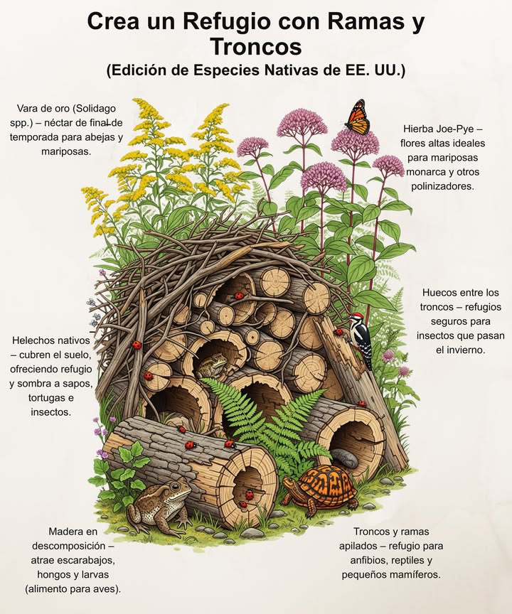 蝹 Construye un Montón de Ramas y Troncos para la Fauna Silvestre
Crea refugios naturales con madera caída que ofrezcan alimento y lugares de anidación a diversas especies.

 Elementos Clave:
 Troncos apilados: escondites para anfibios, reptiles y pequeños mamíferos.
 Madera en descomposición: hogar para escarabajos y larvas de insectos alimento para aves.
 Huecos naturales: refugio invernal para mariposas e insectos beneficiosos.
 Vara de oro Solidago: floraciones tardías para abejas y mariposas migratorias.
 Hierba de San Guillermo Joe-Pye Weed: flores ricas en néctar para monarcas y otros polinizadores.
 Helechos nativos: cobertura sombreada para sapos y tortugas.

 Transforma un rincón de tu jardín en un próspero mini-ecosistema. 曆