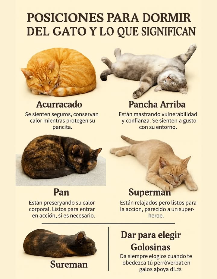 Cada posición de sueño revela algo sobre el estado emocional del gato.

 Acurrucado: se siente seguro y protege su pancita.
 Pancha arriba: demuestra total confianza y relajación.
 Pan: conserva el calor, preparado para reaccionar.
 Superman: relajado, pero listo para la acción.
 Sureman: duerme profundamente, tranquilo y confiado.

El lenguaje del descanso felino nos recuerda que la comodidad y la seguridad son los verdaderos signos de felicidad. 

#GatoFeliz #DescansoFelino  #FelicidadFelina