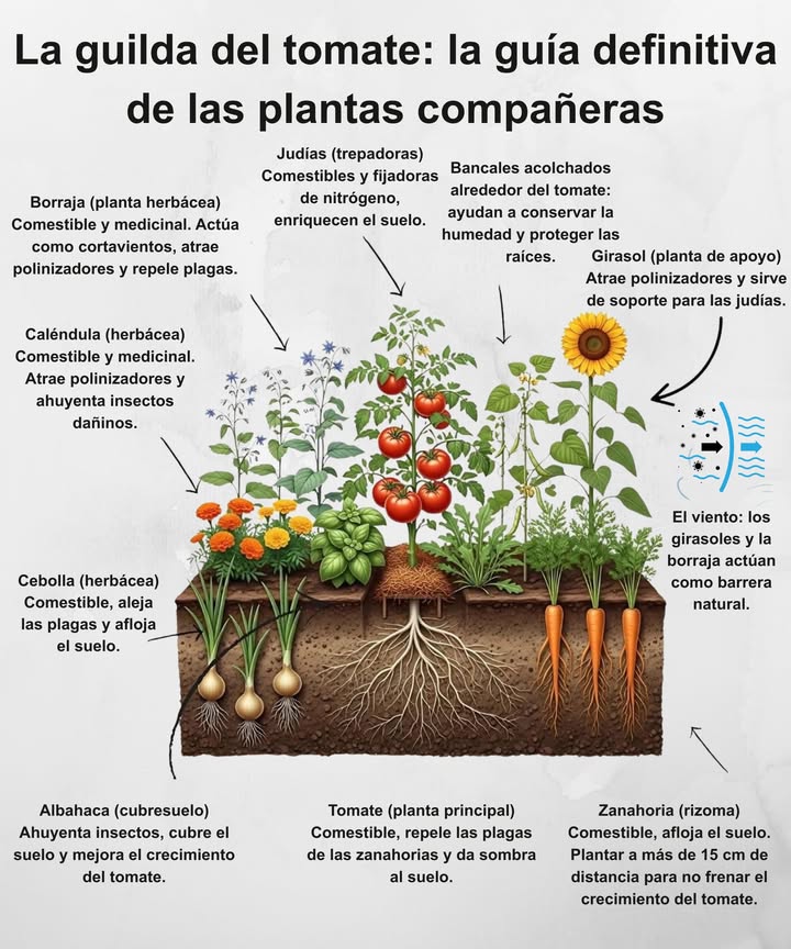 La Guilda del Tomate Guía de Plantas Compañeras Girasol Planta de apoyo que atrae polinizadores y sirve de soporte para las judías. Actúa como barrera natural contra el viento junto con la borraja. Borraja Comestible y medicinal. Repele plagas, atrae polinizadores y protege al tomate. Caléndula Comestible y medicinal. Aleja insectos dañinos y atrae abejas y mariposas. 暈 Cebolla Afloja el suelo y ahuyenta plagas comunes del tomate. Albahaca Cubre el suelo, repele insectos y mejora el sabor y desarrollo del tomate. 凌 Zanahoria Afloja la tierra y favorece la aireación. Planta a más de 15 cm del tomate. Tomate Planta principal, comestible y protectora. Da sombra, repele plagas y mantiene el equilibrio del huerto. Judías Trepadoras y fijadoras de nitrógeno que enriquecen el suelo. Cultivar en guilda crea un ecosistema autosostenible, donde cada planta protege, nutre y fortalece a las demás.