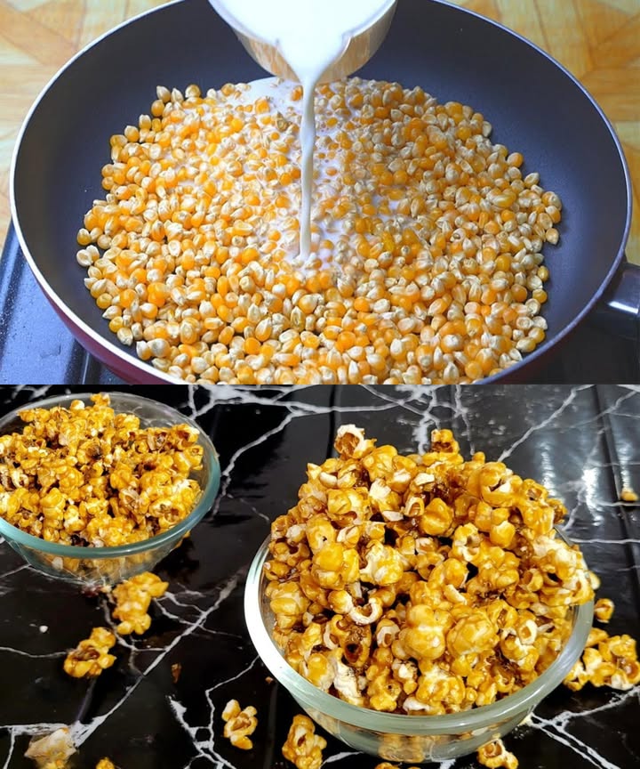 Palomitas de caramelo caseras más deliciosas que las del cine Crujientes, dulces y con un aroma irresistible, listas en pocos pasos y sin horno. Ingredientes para el caramelo: 250 g de azúcar blanco taza de leche añadida en partes 1 cda. de mantequilla o margarina Ingredientes para las palomitas: 1 cda. de mantequilla o margarina 1 taza de granos de maíz para palomitas Preparación del caramelo: Derretir el azúcar en una sartén a fuego medio, removiendo constantemente. Añadir la leche poco a poco, con cuidado por el burbujeo. Agregar la mantequilla y mezclar hasta obtener una salsa suave. Preparación de las palomitas: Derretir la mantequilla en una olla grande a fuego alto. Incorporar los granos de maíz, mezclar y tapar. Agitar ocasionalmente hasta que los estallidos disminuyan, retirar del fuego. Montaje: Pasar las palomitas a un recipiente grande con tapa. Añadir la mitad del caramelo, agitar, y repetir con el resto. Si el caramelo se endurece, calentar a fuego bajo antes de usar. Consejos para un resultado perfecto: Usa granos frescos para mayor volumen y textura. Añade una pizca de sal al caramelo para un toque dulce-salado. Guarda en recipiente hermético hasta 3 días a temperatura ambiente. Un snack casero, económico y con un sabor tan intenso que no querrás volver a las versiones comerciales.