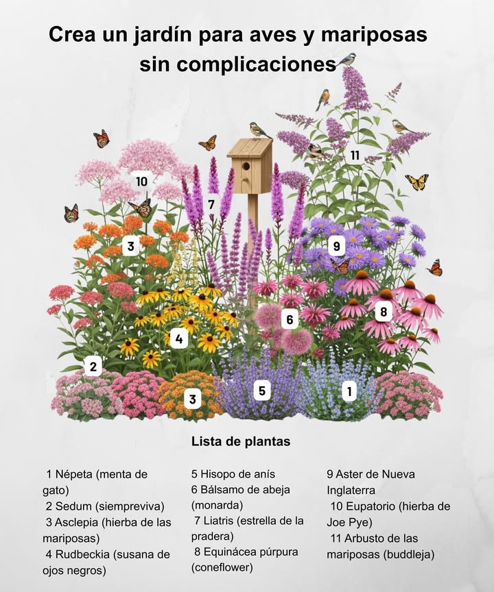 曆 Crea un jardín para aves y mariposas sin complicaciones Planta estas especies juntas y tendrás un refugio colorido y de bajo mantenimiento: Népeta menta de gato zonas 38 imán para abejas. Sedum zonas 39 néctar de final de temporada para mariposas. Asclepia hierba de mariposa zonas 39 planta huésped de las monarcas. Rudbeckia susana de ojos negros zonas 39 flores brillantes que atraen mariposas y aves. Hisopo de anís zonas 49 favorito de los polinizadores. Bálsamo de abeja bergamota zonas 49 imán para colibríes. Liatris estrella de las praderas zonas 38 irresistible para las monarcas. Equinácea cono morado zonas 39 néctar para polinizadores y semillas para jilgueros. Aster de Nueva Inglaterra zonas 48 fuente de néctar otoñal. Eupatorio Joe Pye Weed zonas 49 rebosante de mariposas. Arbusto de las mariposas Buddleia zonas 59 flores fragantes, favoritas de las mariposas. Combinaciones como esta mantienen el jardín en flor desde la primavera hasta el otoño, ofreciendo alimento y refugio a polinizadores y aves.