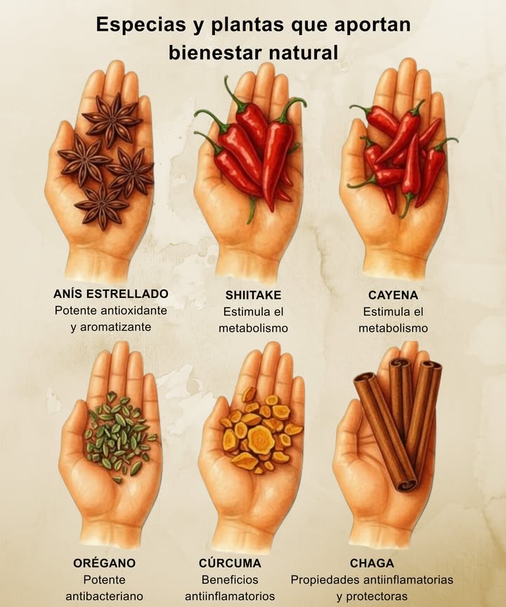 Especias y plantas que aportan bienestar natural Anís estrellado: potente antioxidante con aroma cálido y reconfortante. Shiitake: ayuda a activar el metabolismo y aportar energía. Cayena: estimula el metabolismo y genera una sensación de calor interno. Orégano: reconocido por su acción antibacteriana natural. Cúrcuma: rica en compuestos con beneficios antiinflamatorios. Chaga: apreciado por sus propiedades protectoras y antiinflamatorias. Ingredientes que suman sabor y beneficios a tu bienestar diario.