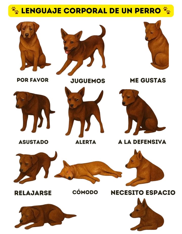 Lenguaje corporal de un perro 

Los perros comunican sus emociones y necesidades principalmente a través de su postura y gestos. Observar su cuerpo nos ayuda a comprenderlos mejor:

 Por favor  postura sentada, mirada suave.
 Juguemos  cuerpo inclinado hacia adelante, cola en movimiento.
 Me gustas  postura tranquila, orejas hacia atrás en señal de confianza.
 Asustado  cuerpo encogido, orejas caídas, mirada baja.
 Alerta  postura firme, orejas erguidas y atención total.
 A la defensiva  cuerpo rígido, mirada fija, disposición a protegerse.
 Relajarse  bajando el pecho al suelo con calma.
 Cómodo  tumbado de lado, completamente relajado.
 Necesito espacio  echado con mirada distante, orejas hacia atrás.

 Comprender estas señales fortalece el vínculo con tu perro y mejora la convivencia diaria.