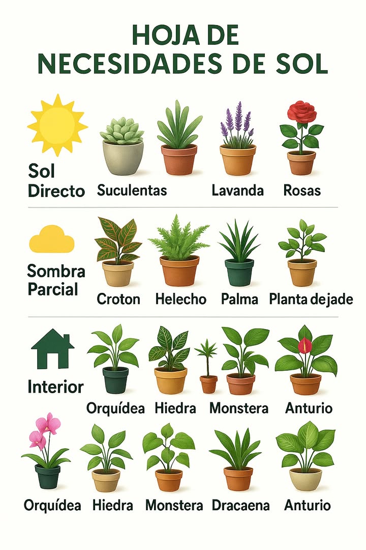 Guía de Luz para Plantas 1 Sol directo Suculentas, lavanda y rosas. Requieren varias horas de sol y riego moderado con buen drenaje. 2 Sombra parcial Croton, helecho, palma y jade. Luz suave o filtrada. Mantener el sustrato ligeramente húmedo y evitar sol intenso del mediodía. 3 Interior luminoso Orquídea, hiedra, monstera, drácena y anturio. Necesitan luz ambiental constante y riego controlado sin encharcar. 4 Ubicación Colocar cada planta según su necesidad de luz para evitar quemaduras o amarillamiento. 5 Riego Más sol exige drenaje perfecto. En interior, menos agua pero mayor control de humedad. 6 Rotación Girar las macetas cada dos semanas para crecimiento uniforme. 7 Señales Hojas pálidas o caída indican poca luz. Bordes secos o manchas señalan exceso de sol.