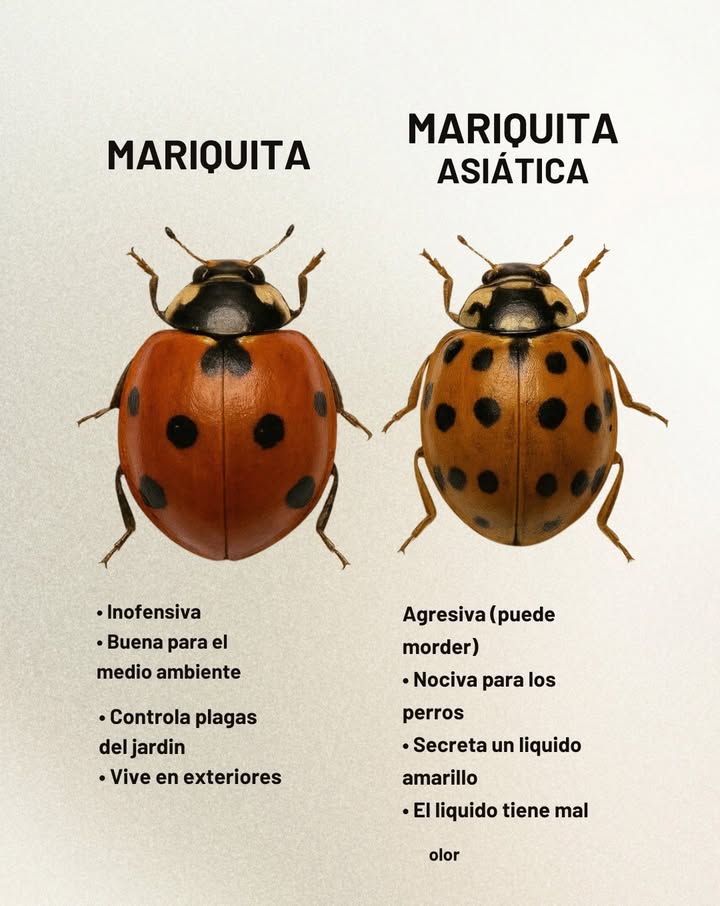 者 Mariquita vs. Mariquita asiática: no te confundas! 1 Mariquita nativa Come pulgones y otras plagas del jardín No muerde ni molesta a personas o animales Se queda al aire libre, sin invadir la casa Es un insecto aliado y protector del ecosistema 2 Mariquita asiática Más agresiva y capaz de morder Puede ser peligrosa para perros si la ingieren Libera un líquido amarillo con mal olor cuando se asusta En invierno busca refugio dentro de casas Tip rápido: las asiáticas suelen tener más manchas irregulares y a veces un tono anaranjado, mientras que las nativas suelen ser más rojas con puntos bien definidos.
