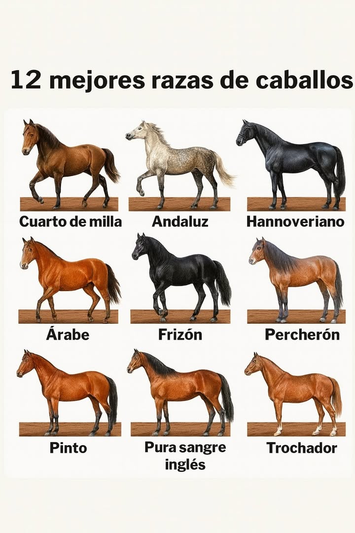 Las 12 Mejores Razas de Caballos del Mundo 1 Cuarto de Milla Famoso por su potencia en distancias cortas y su temperamento dócil, es ideal para trabajos de rancho y competiciones de velocidad. 2 Andaluz Originario de España, se caracteriza por su elegancia, equilibrio y movimientos armoniosos, muy valorado en la doma clásica. 3 Hannoveriano Atlético y fuerte, sobresale en salto y adiestramiento gracias a su estructura poderosa y carácter equilibrado. 4 Árabe Una de las razas más antiguas del mundo, resistente y de gran fondo físico, perfecta para largas travesías y competiciones de resistencia. 5 Frisón De pelaje negro intenso y porte majestuoso, es una de las razas más admiradas en exhibiciones y tiro ligero. 6 Percherón Caballo de tiro francés, grande y robusto, históricamente usado en tareas agrícolas por su fuerza y docilidad. 7 Mustang Símbolo de la libertad del oeste americano, destaca por su espíritu salvaje, resistencia y adaptabilidad. 8 Pura Sangre Inglés El más veloz de todos, criado para las carreras, combina elegancia, potencia y determinación. 9 Paso Fino Con un andar suave, rítmico y cómodo, es perfecto para paseos largos y exhibiciones ecuestres. Pinto Reconocido por su pelaje manchado y su carácter versátil, se utiliza tanto en equitación recreativa como en competencias. 11 Apalooza De origen norteamericano, su pelaje moteado y su agilidad lo hacen ideal para la equitación y el rodeo. 12 Trochador Caballo colombiano de movimientos finos y elegantes, criado para desfiles y competiciones de paso fino. Cada una de estas razas representa una fusión de historia, fuerza y elegancia que refleja la nobleza y diversidad del mundo equino